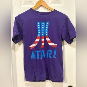 Vintage Atari Purple Graphic T-Shirt Size Small 18x25 Retro Gaming USA Flag Logo